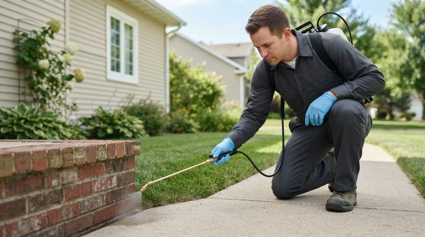 Pest control technician treating a home near Hillsboro, GA